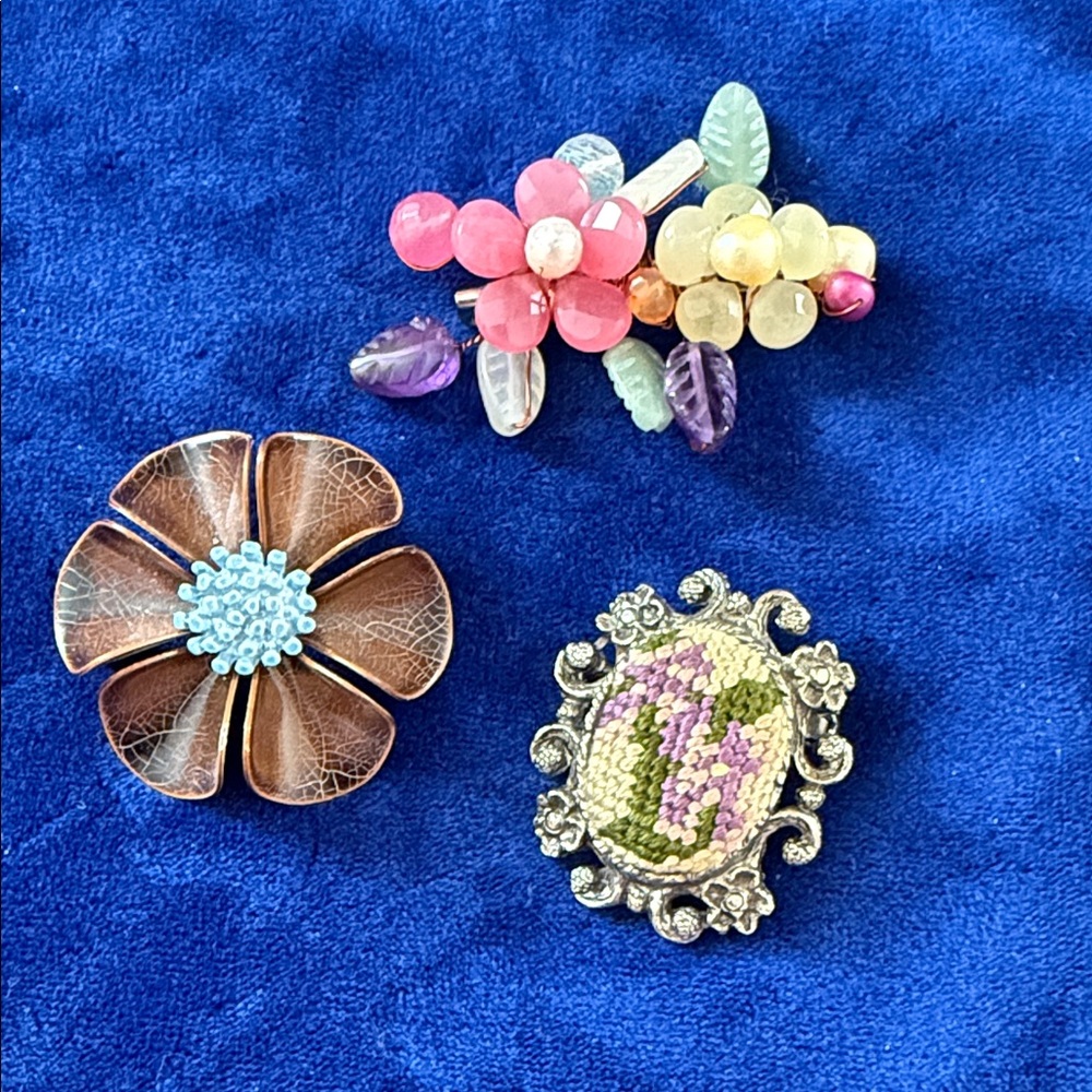 Vintage Floral Brooch Trio - Pink Yellow Purple Accents